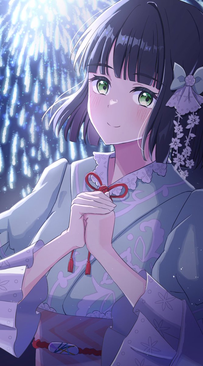 1girl, aerial_fireworks, aoku_haruka, black_hair, blunt_bangs, blunt_ends, blush, bow
