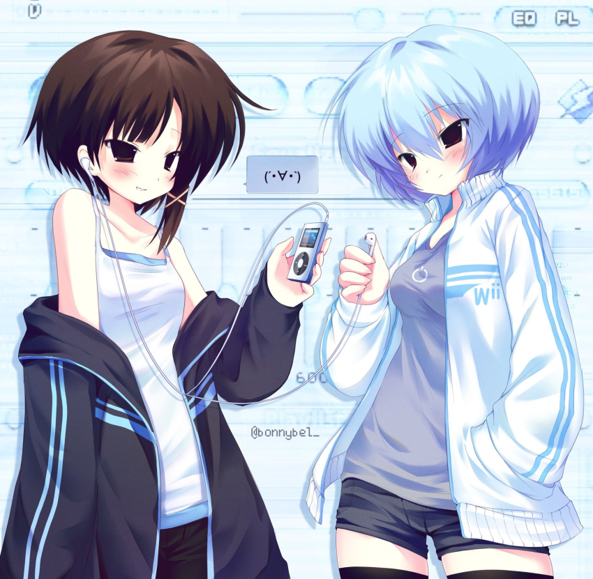 2000s_(style), 2girls, asymmetrical_hair, ayanami_rei, blue_hair, blush, breasts, brown_eyes, brown_hair, cable, closed_mouth, commentary, crossover, digital_media_player, earphones, english_commentary, game_console, hair_between_eyes, hair_ornament, hairclip, highres, ipod, ipod_nano, iwakura_lain, jacket, jelly_(bonnybel), kaomoji, long_sleeves, multiple_girls, neon_genesis_evangelion, nintendo, red_eyes, serial_experiments_lain, shirt, short_hair, single_sidelock, smile, wii, winamp, x_hair_ornament