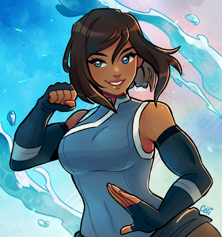 1girl, absurdres, avatar_legends, bare_shoulders, black_gloves, blue_eyes, blush, breasts