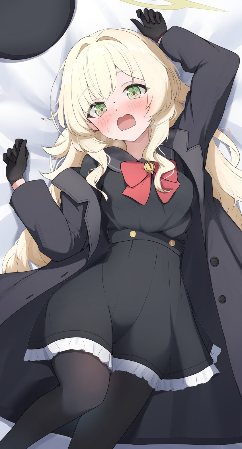 1girl, absurdres, aoto_mei, arm_up, black_coat, black_dress, black_gloves, black_hat