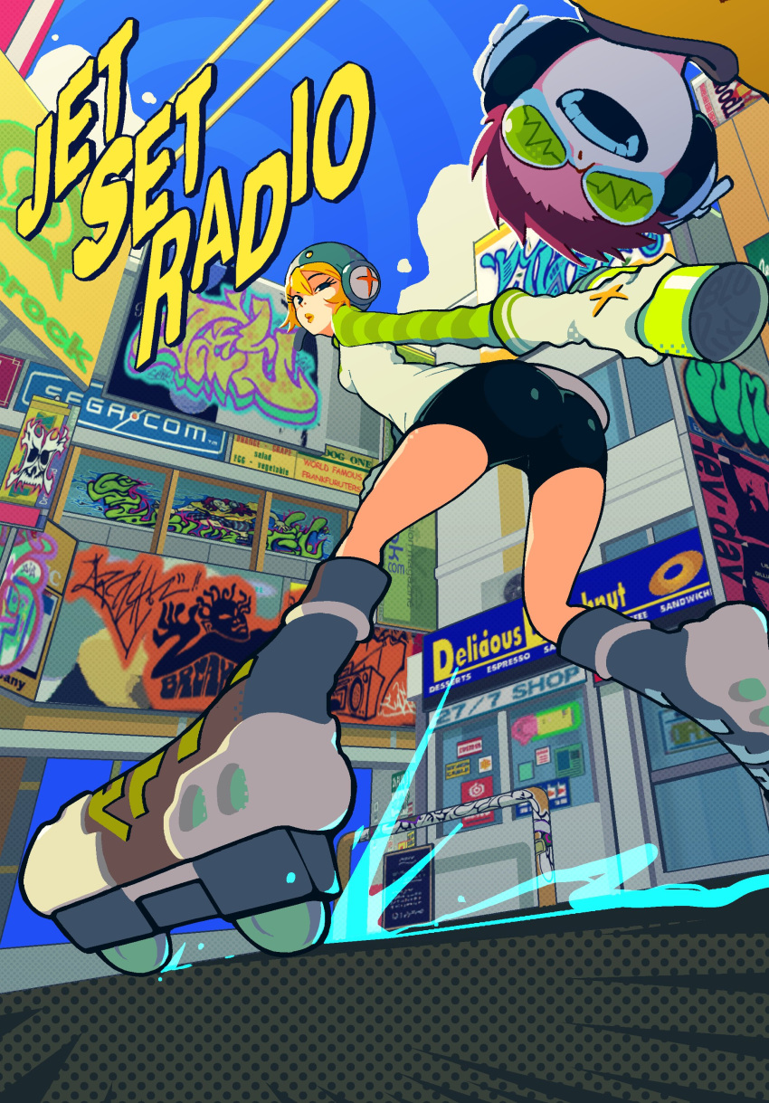 1boy, 1girl, absurdres, ass, beat_(jsr), bike_shorts, black_shorts, blonde_hair