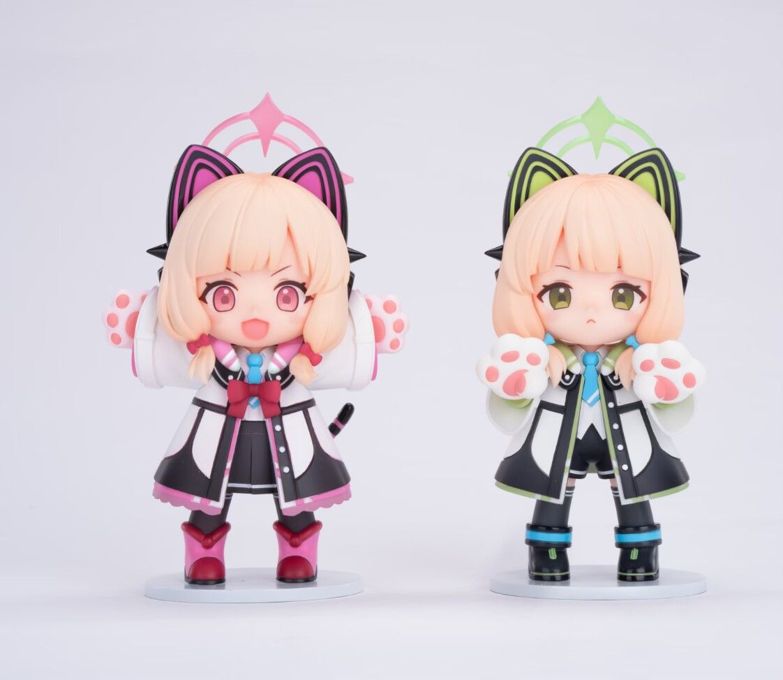 2girls, 3d, animal_ear_headphones, animal_ears, animal_hands, arms_up, black_shorts, black_skirt