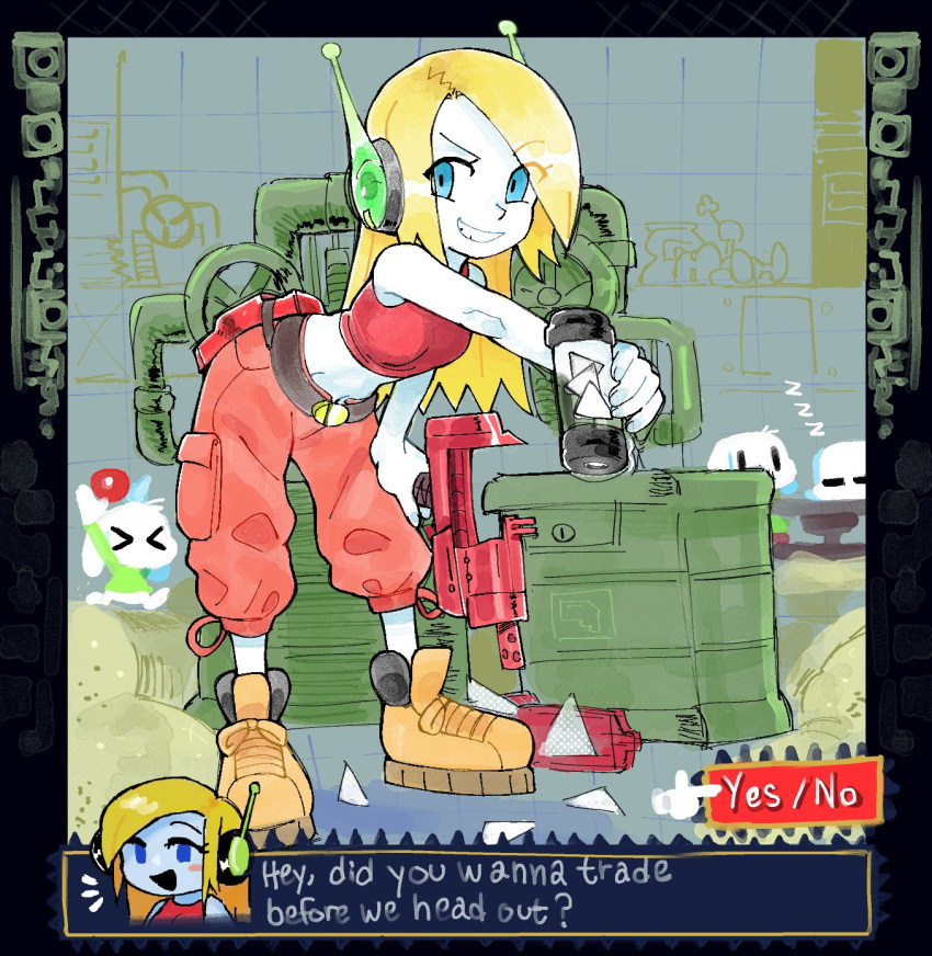 1girl, 1her0, android, baggy_pants, bent_over, blonde_hair, blue_eyes, brown_footwear