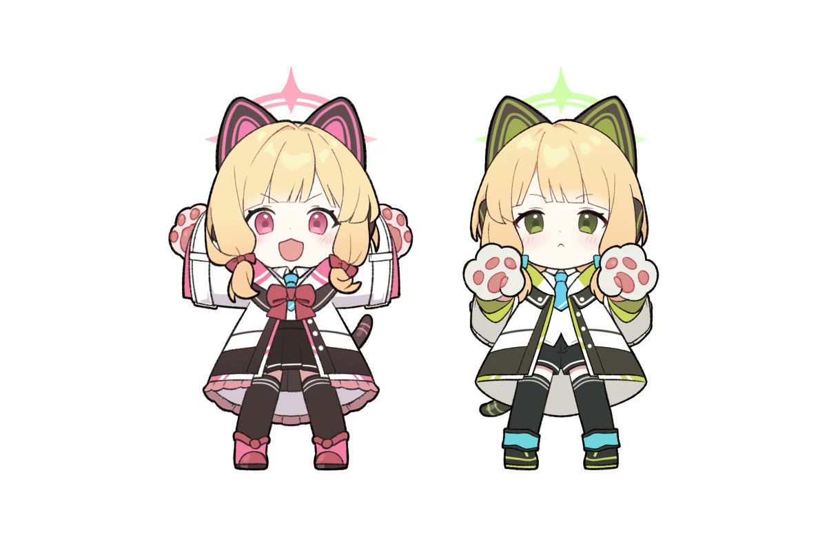 2girls, animal_ear_headphones, animal_ears, animal_hands, arms_up, black_shorts, black_skirt, black_thighhighs, blonde_hair, blue_archive, blue_necktie, bow, bowtie, cable, cable_tail, cat_ear_headphones, fake_animal_ears, figure_available, frilled_jacket, frills, gloves, green_eyes, green_halo, hair_bow, halo, headphones, jacket, long_sleeves, low-tied_sidelocks, marimo_jh, mechanical_tail, medium_hair, merchandise_available, midori_(blue_archive), momoi_(blue_archive), multiple_girls, necktie, paw_gloves, pink_bow, pink_bowtie, pink_eyes, pink_halo, shorts, siblings, sisters, skirt, tail, thigh-highs, twins, white_jacket