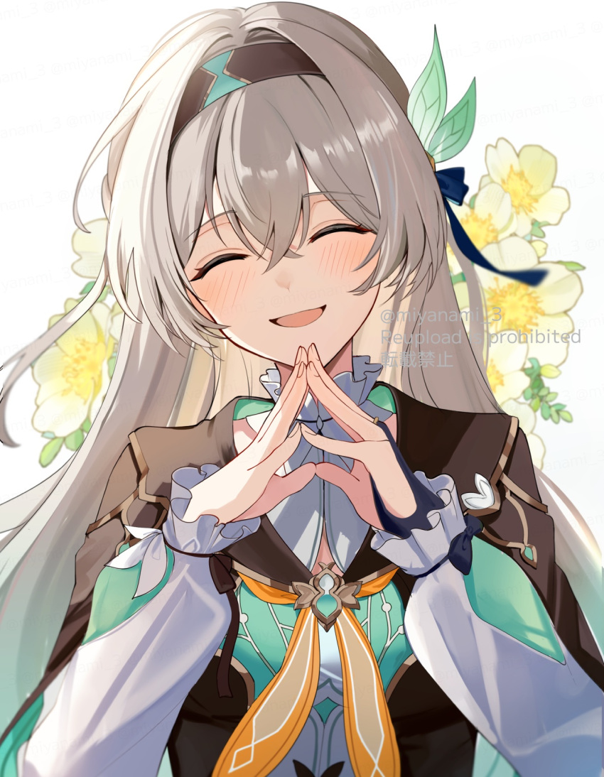 1girl, aqua_hair, black_bridal_gauntlets, black_hairband, bridal_gauntlets, closed_eyes, cropped_jacket, facing_viewer