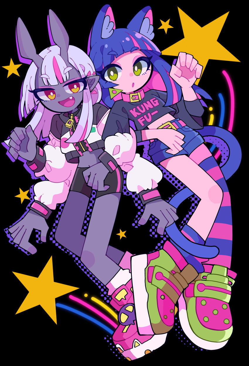2022, 2girls, absurdres, animal_ears, blue_hair, cat_ears, cat_tail, colored_inner_hair