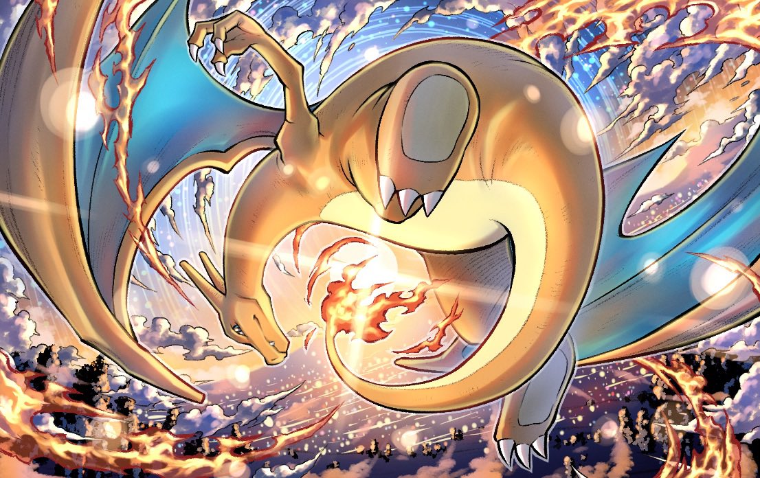 akamine_naoki, charizard, claws, clouds, colored_skin, dragon, english_commentary, fang