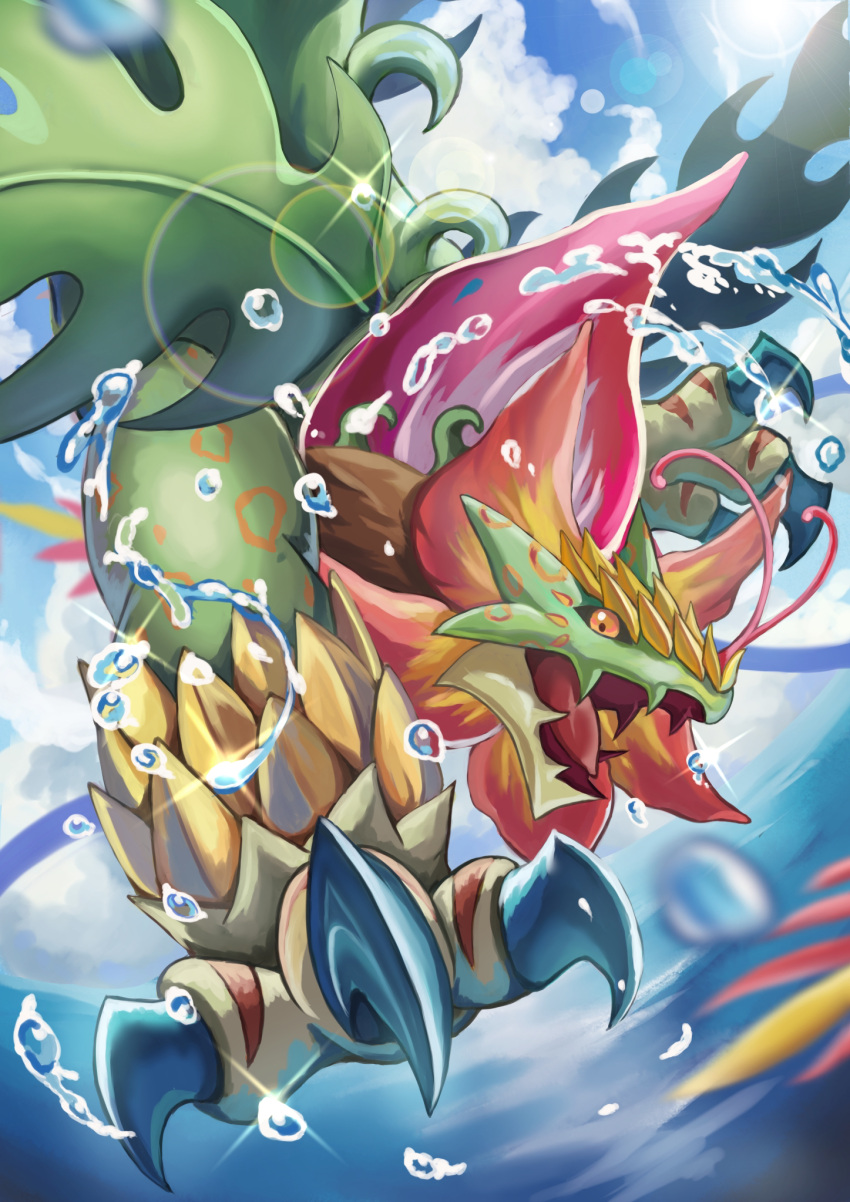 black_sclera, blurry, blurry_foreground, clouds, colored_sclera, colored_skin, digimon, digimon_(creature), dragon, flower, full_body, green_skin, highres, kou_(xcws3487), looking_at_viewer, midair, no_humans, ocean, red_eyes, sunlight, toropiamon, water_drop
