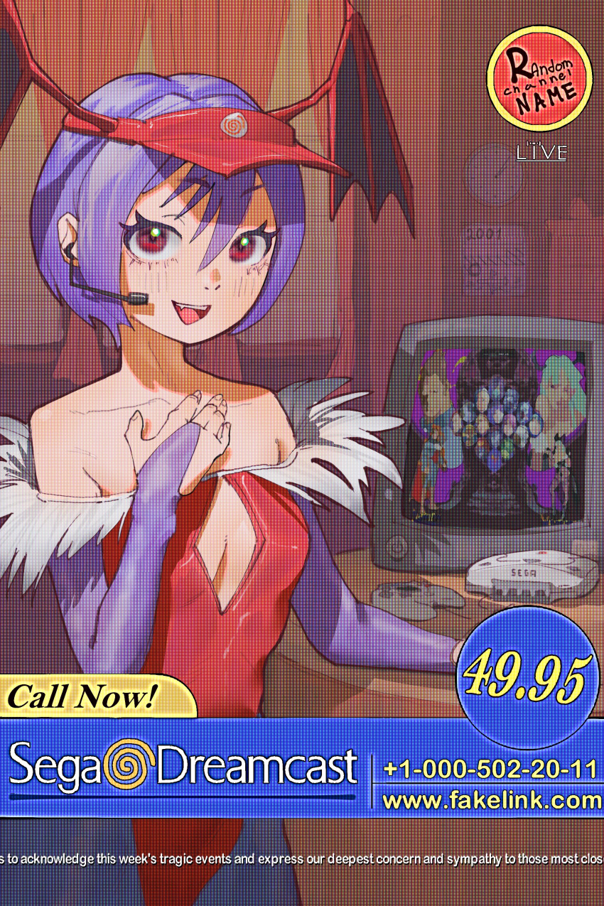 1girl, 2001, absurdres, bat_wings, breasts, bridal_gauntlets, calendar_(object), capcom, cleavage_cutout, clock, clothing_cutout, crt, curtains, demon_girl, diamond_cutout, dreamcast_controller, english_text, eyelashes, fake_screenshot, fang, feather_trim, fur-trimmed_leotard, fur_trim, game_console, gloves, hand_on_own_chest, head_wings, headset, highres, leotard, lilith_aensland, looking_at_viewer, microphone, newgrounds, off-shoulder_leotard, open_mouth, pantyhose, parody, phone_number, purple_gloves, purple_pantyhose, red_leotard, red_wings, scanlines, sega_dreamcast, small_breasts, smile, solo, subtitled, television, vampire_(game), video_game, visor_cap, wall_clock, wings, yaroslavee