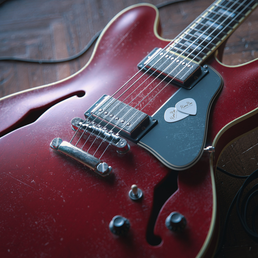 3d, absurdres, asakura_ryou_(seventhgraphics), cable, electric_guitar, gibson_es-335, guitar, guitar_string