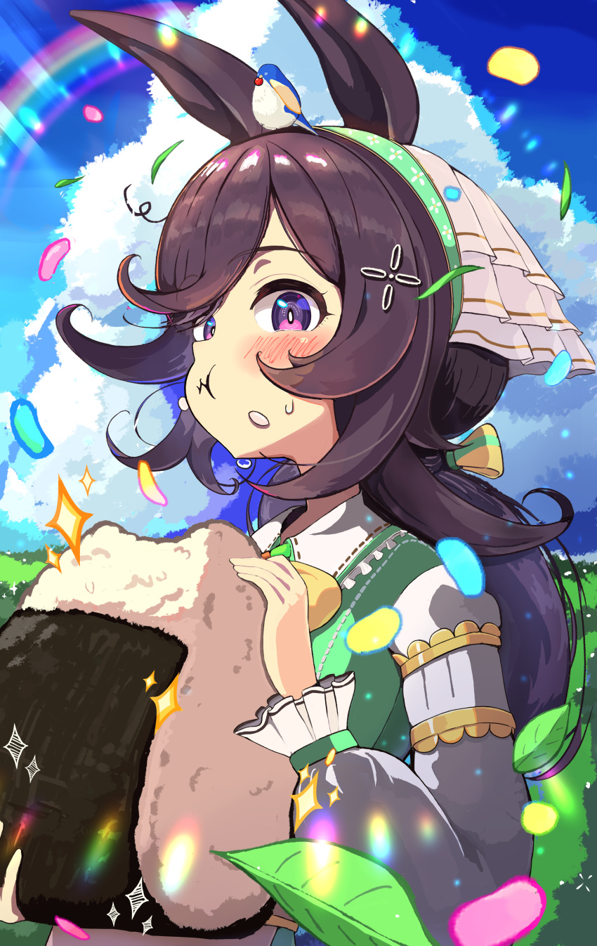 1girl, absurdres, alternate_costume, animal_ears, blush, closed_mouth, clouds, eating