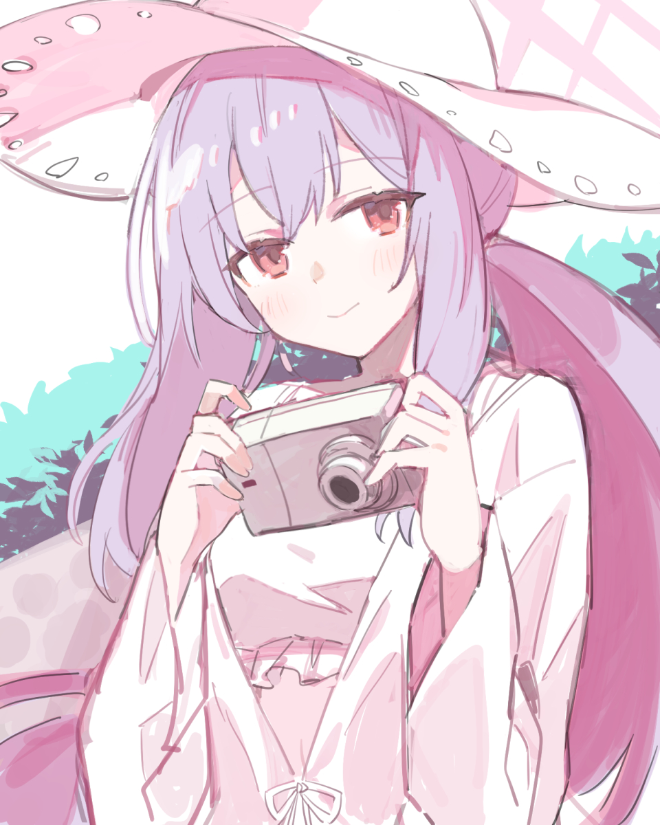 1girl, atsuko_(blue_archive), atsuko_(swimsuit)_(blue_archive), bikini, blue_archive, camera, coat, frilled_bikini, frills, halo, hat, highres, holding, holding_camera, jacket, official_alternate_costume, purple_hair, purple_halo, see-through, see-through_coat, see-through_jacket, see-through_shirt, see-through_sleeves, shiduki_eku, shirt, solo, sun_hat, swimsuit, upper_body, white_bikini, white_hat