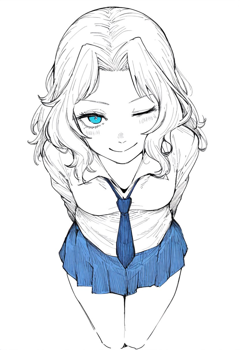 1girl, ai-generated, arms_behind_back, blue_eyes, blue_necktie, blue_skirt, girls_und_panzer, highres