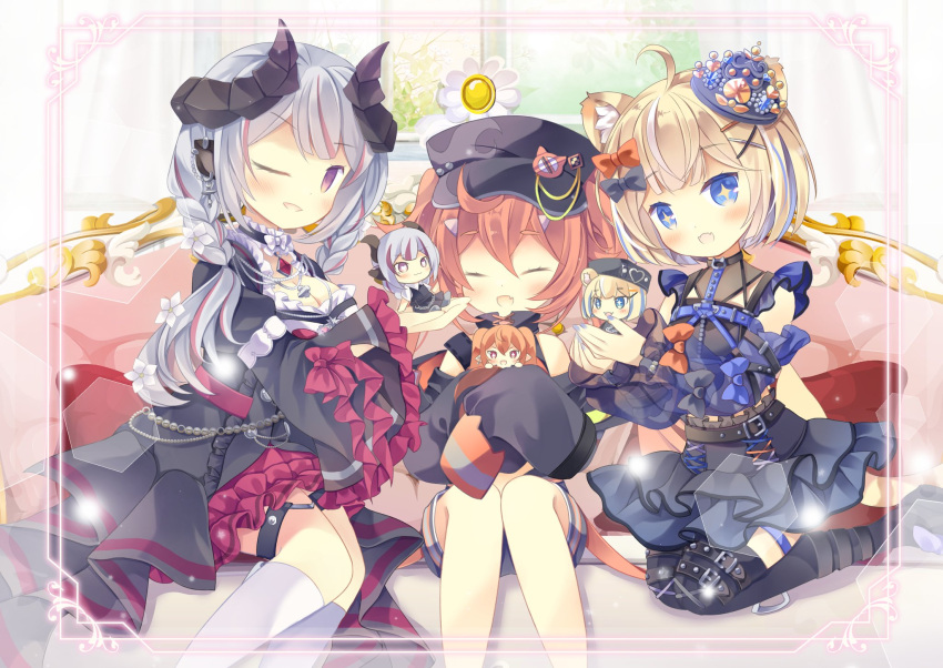 3girls, animal_ear_piercing, animal_ears, black_dress, black_hat, black_sleeves, blonde_hair, blue_eyes