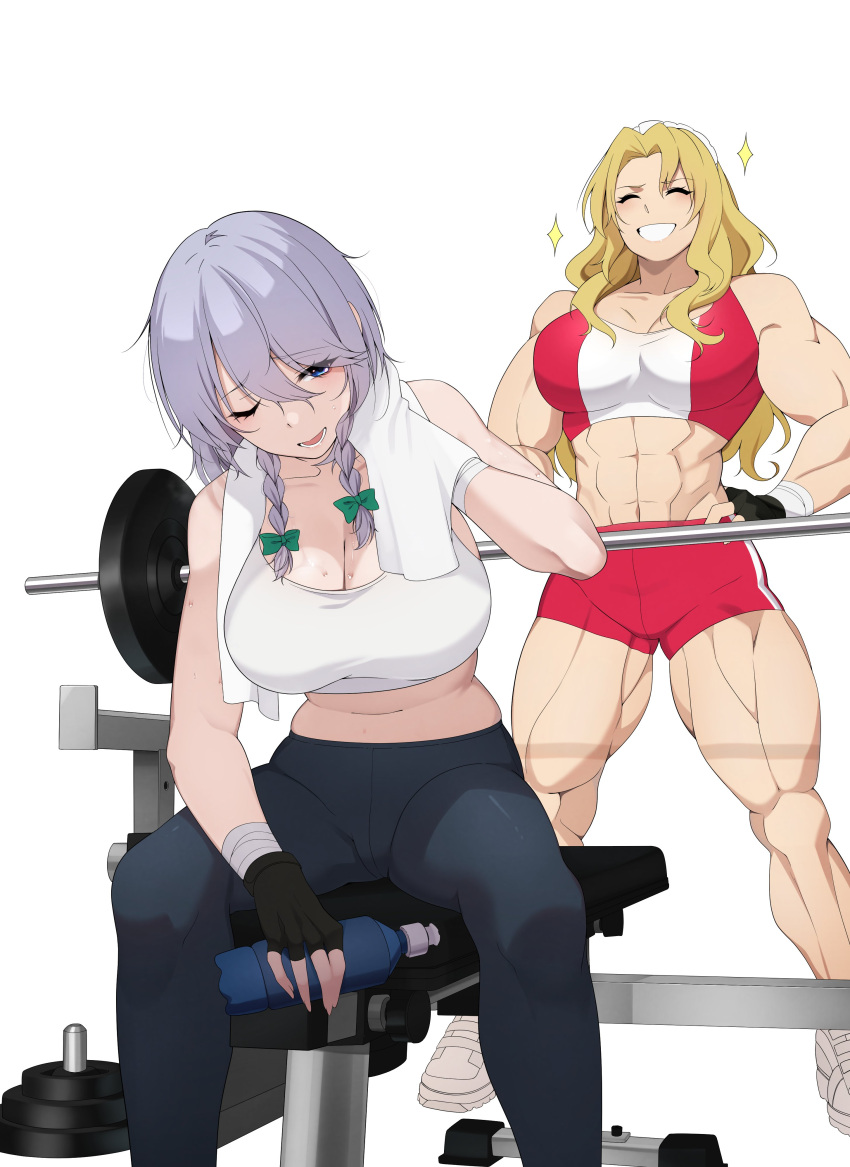 2girls, absurdres, blonde_hair, blue_eyes, bow, braid, fingerless_gloves, gloves