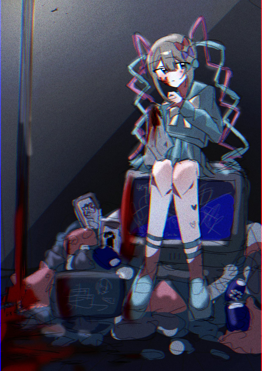1girl, blood, blood_on_face, blue_eyes, blue_footwear, blue_serafuku, bow, chouzetsusaikawa_tenshi-chan, hair_bow, highres, miniskirt, multicolored_bow, multicolored_hair, needy_girl_overdose, school_uniform, serafuku, sitting, skirt, television, unimattya