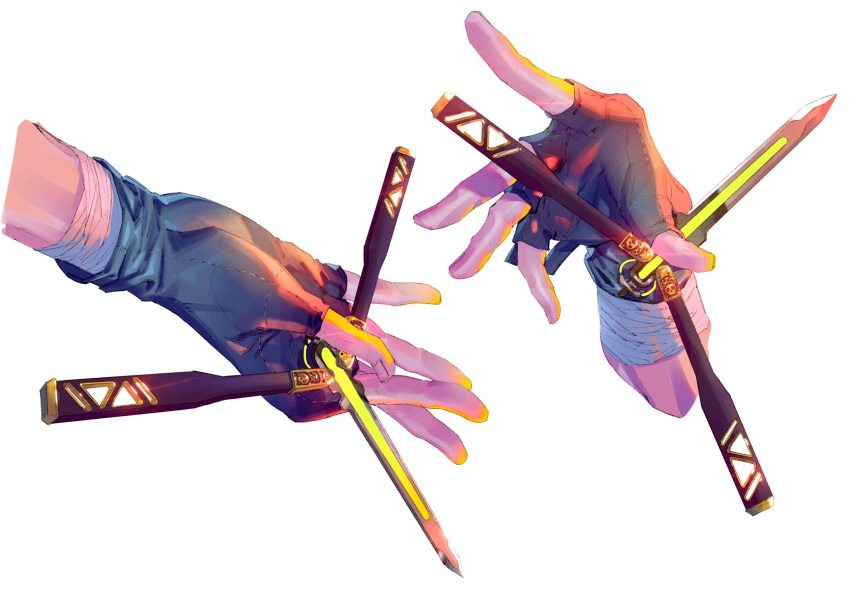 1boy, apex_legends, balisong, bandaged_arm, bandages, black_gloves, butterfly_knife_(apex_legends), close-up
