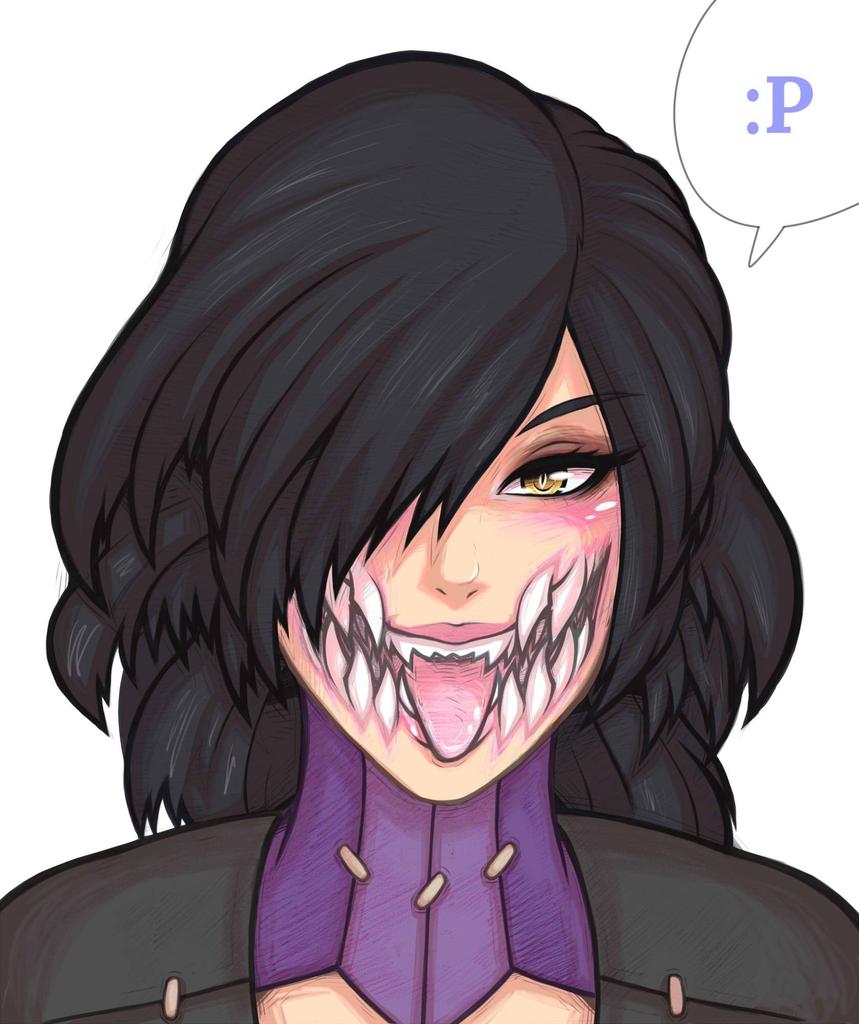1girl, :p, black_hair, blush, eyelashes, hair_over_one_eye, high_collar, lips