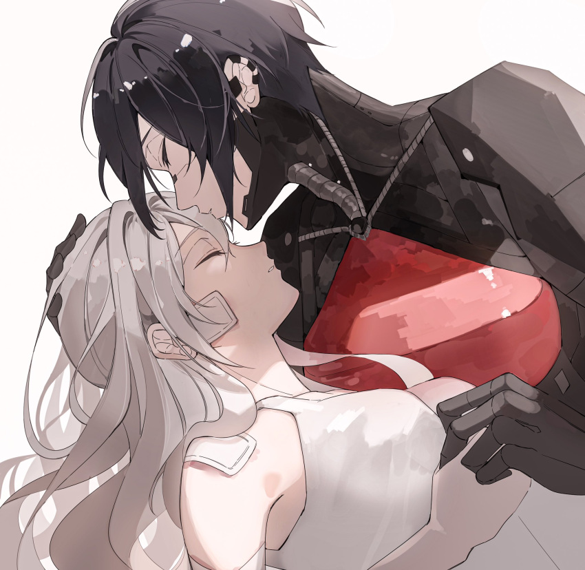 2girls, android, ariane_yeong, bandaid, black_hair, closed_eyes, cyberpunk, dearbellle