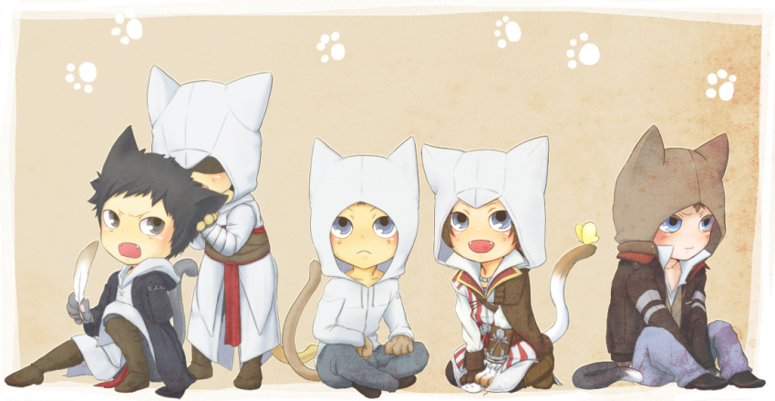altair_ibn_la-ahad, animal_ears, assassin's_creed, assassin's_creed_ii, assassin's_creed, assassin's_creed_ii, black_hair, blue_eyes, brown_hair, cape, crossover, desmond_miles, ezio_auditore_da_firenze, fang, feathers, hood, malik_a-sayf, malik_al-sayf, mujina_(hook), nekomimi, odd_one_out, paw_print, paws, prototype_(game), robe, smile, tail, young
