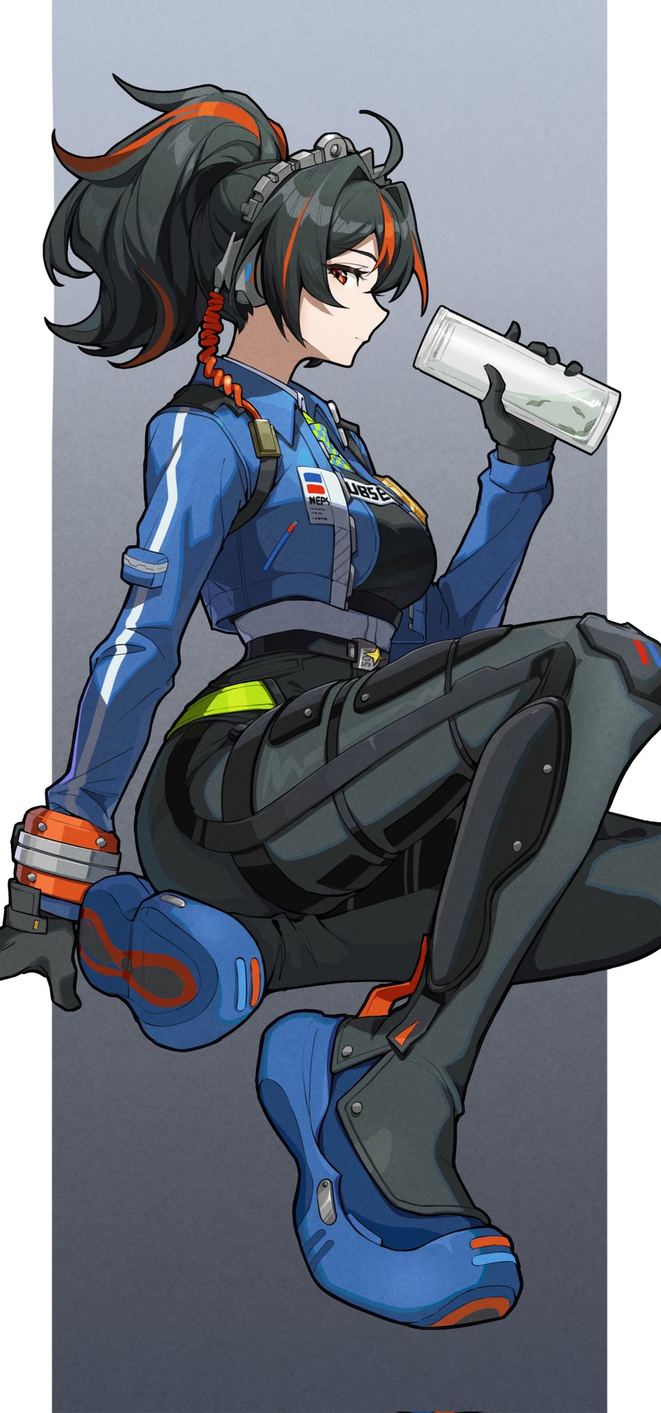 1girl, ahoge, black_gloves, black_hair, black_pants, cup, from_behind, full_body