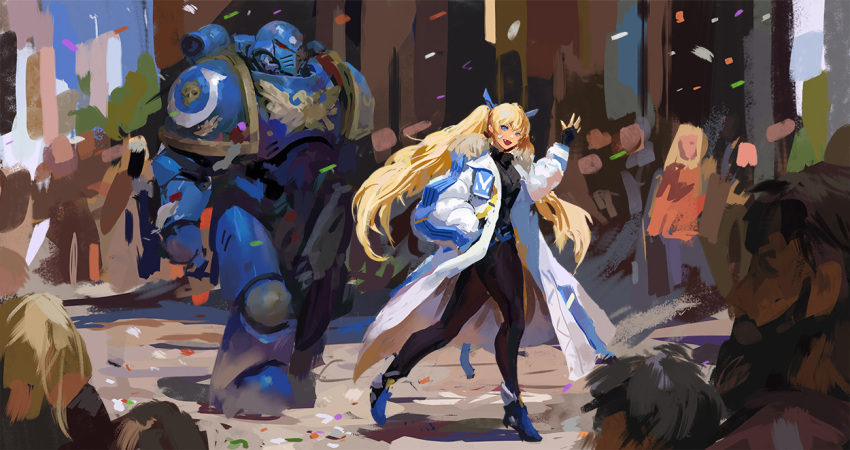 1girl, adeptus_astartes, ambiguous_gender, armor, bandaid, bandaid_on_cheek, bandaid_on_face, blonde_hair