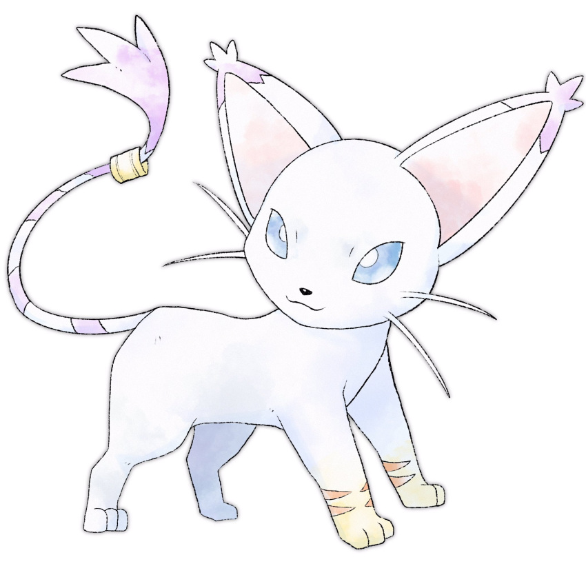 1990s_(style), :3, animal_focus, animal_hands, animal_nose, blue_eyes, blue_sclera, cat, colored_sclera, digimon, digimon_(creature), frankace, gloves, highres, holy_ring, looking_at_viewer, no_humans, parody, paw_gloves, pokemon, pokemon_gsc_(style), pokemon_rgby_(style), purple_fur, retro_artstyle, solid_eyes, style_parody, sugimori_ken_(style), tail, tail_ornament, tail_ring, tailmon, two-tone_fur, whiskers, white_fur, yellow_fur