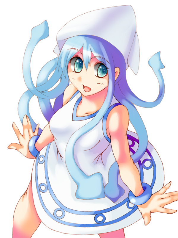 blue_eyes, blue_hair, dress, from_above, hat, ikamusume, iwato, iwato_(celler), long_hair, shinryaku!_ikamusume, solo, tentacle_hair