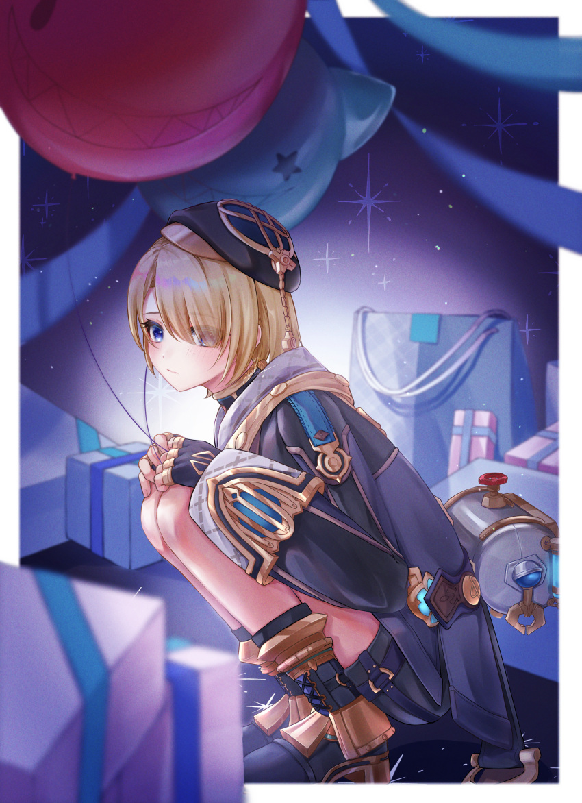 1boy, absurdres, balloon, bare_legs, belt, beret, black_footwear, black_gloves