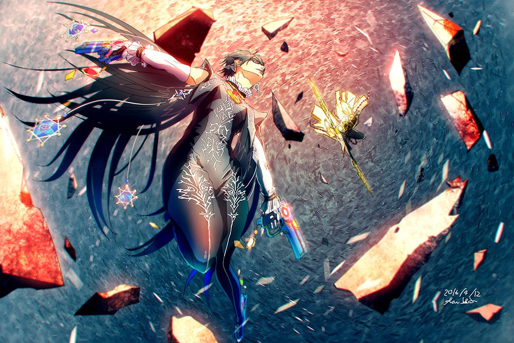 1boy, 1girl, alternate_hair_length, alternate_hairstyle, amulet, ankle_gun, bad_id, bad_twitter_id