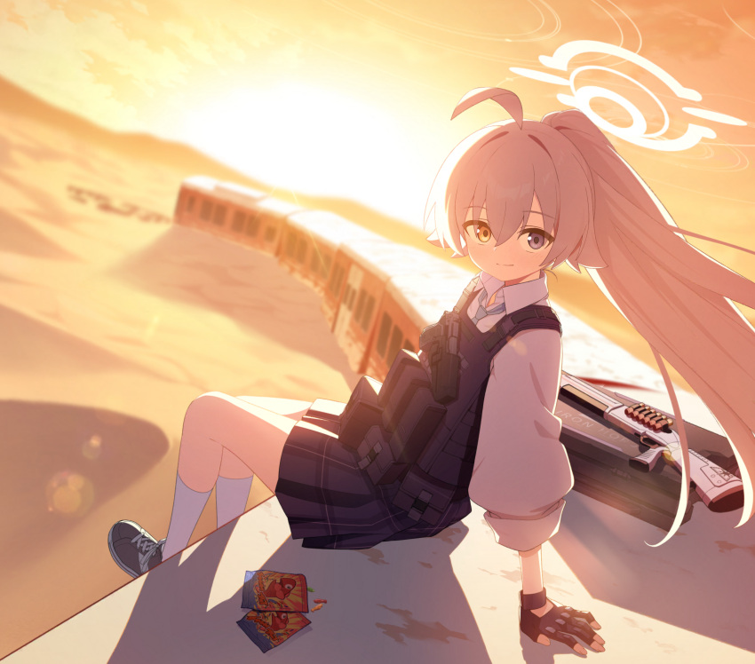 1girl, absurdres, ahoge, artist_request, ballistic_shield, beretta_1301, beretta_92, blue_archive