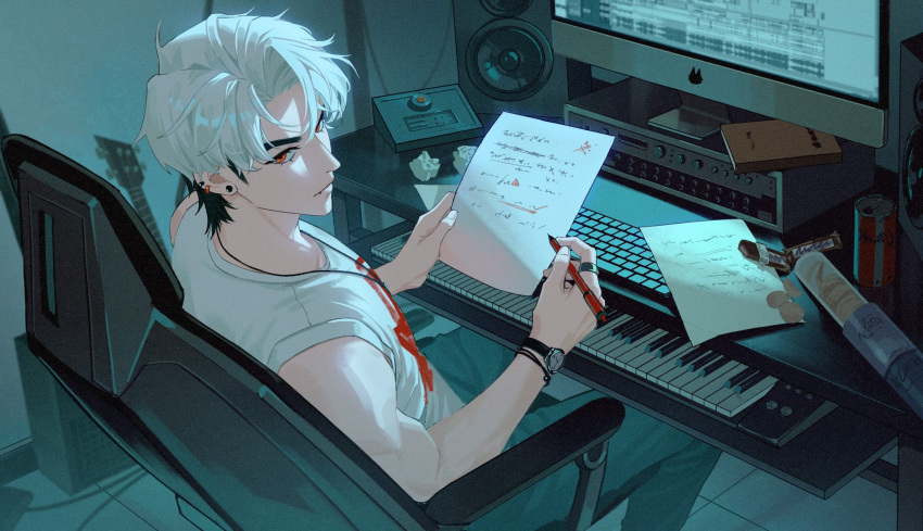 1boy, 2jiao, amplifier, book, bracelet, can, candy, candy_bar