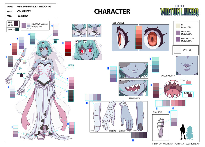 1girl, bandaged_arm, bandages, blue_hair, blue_skin, bridal_veil, color_guide, colored_skin