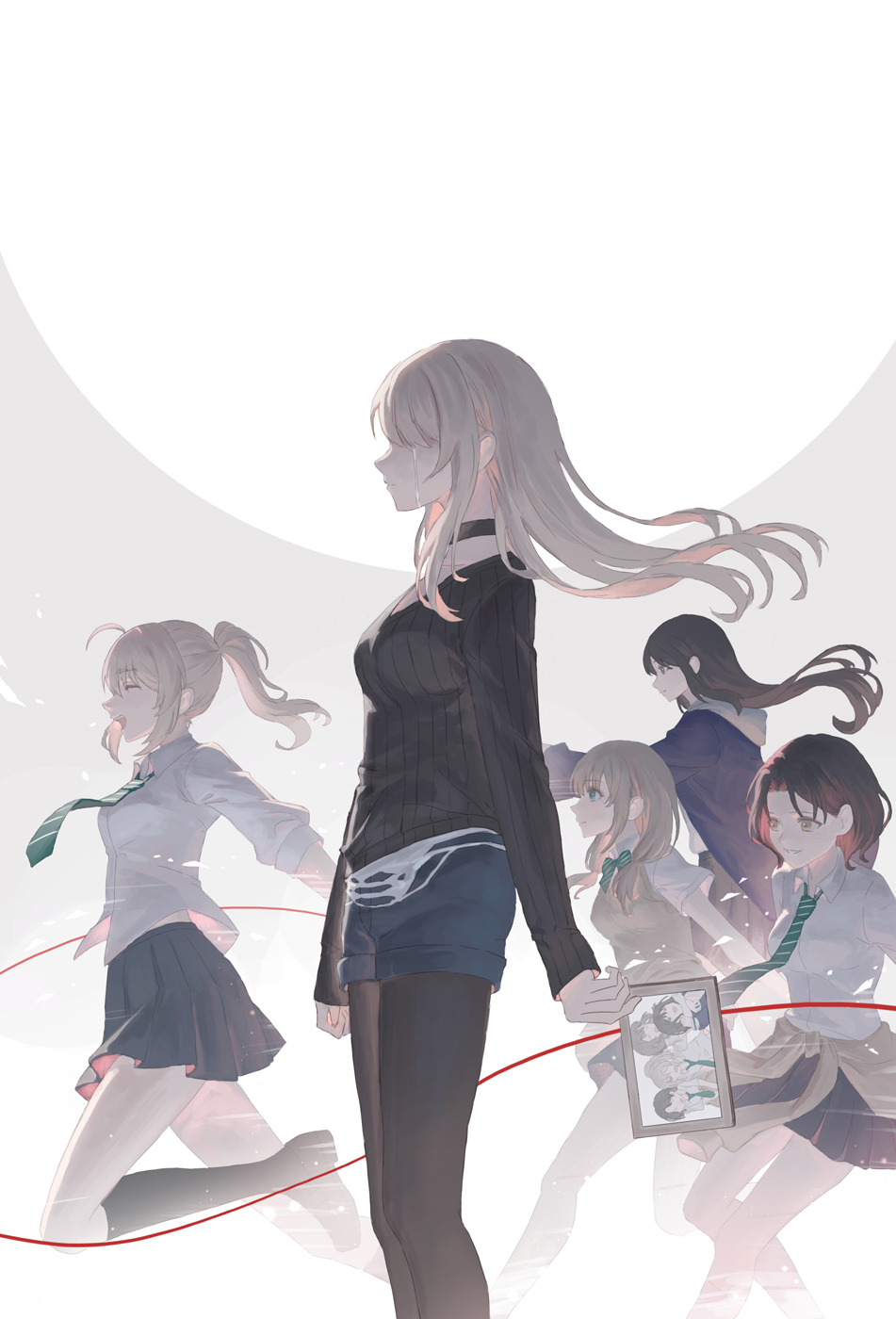 4girls, ahoge, ai_(girls_band_cry), black_choker, black_pantyhose, black_skirt, black_sweater, blue_hoodie