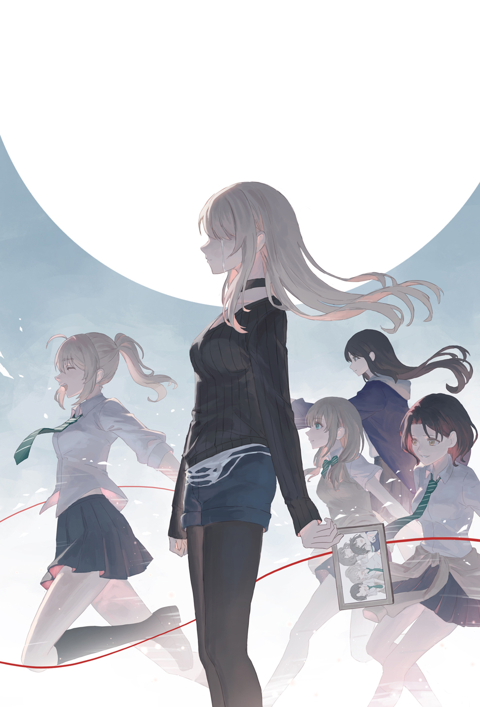 4girls, ahoge, ai_(girls_band_cry), black_choker, black_pantyhose, black_skirt, black_sweater, blue_hoodie