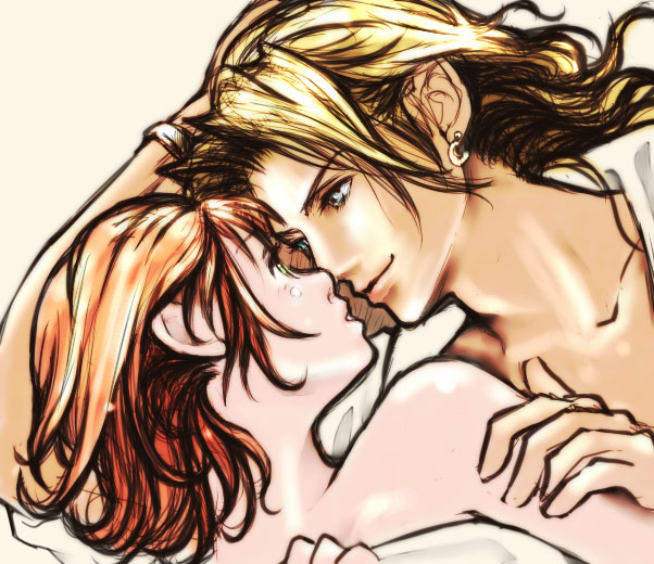 1girl, androgynous, bed_sheet, brown_hair, co-ro, couple, final_fantasy, final_fantasy_viii
