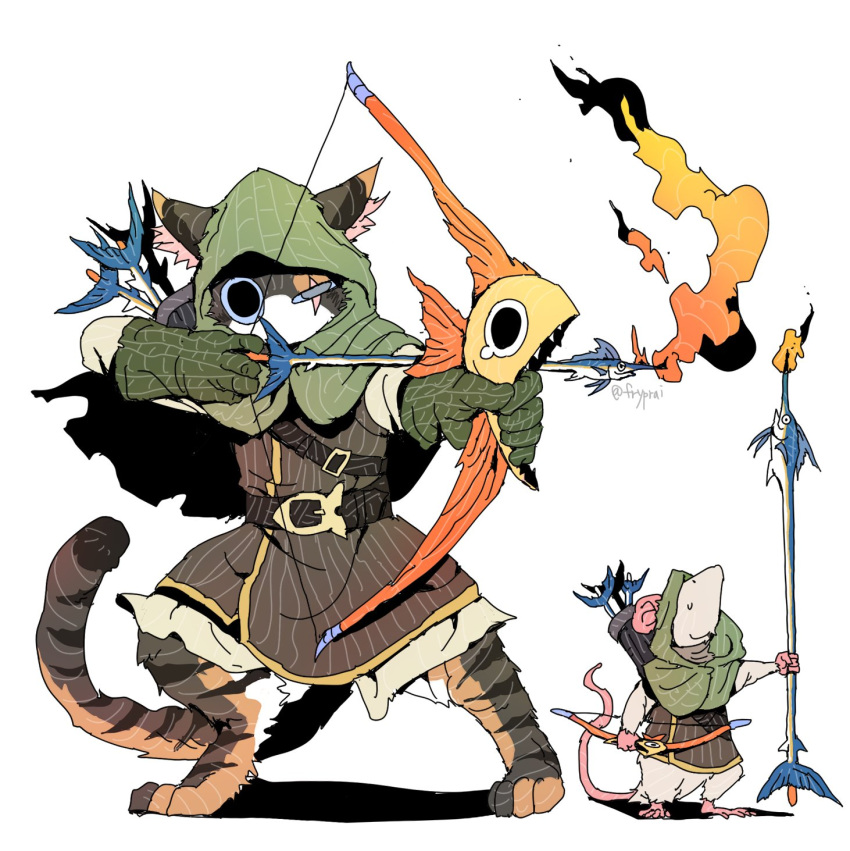 2boys, animal_ears, arrow_(projectile), barefoot, belt, black_eyes, bow_(weapon), brown_jacket