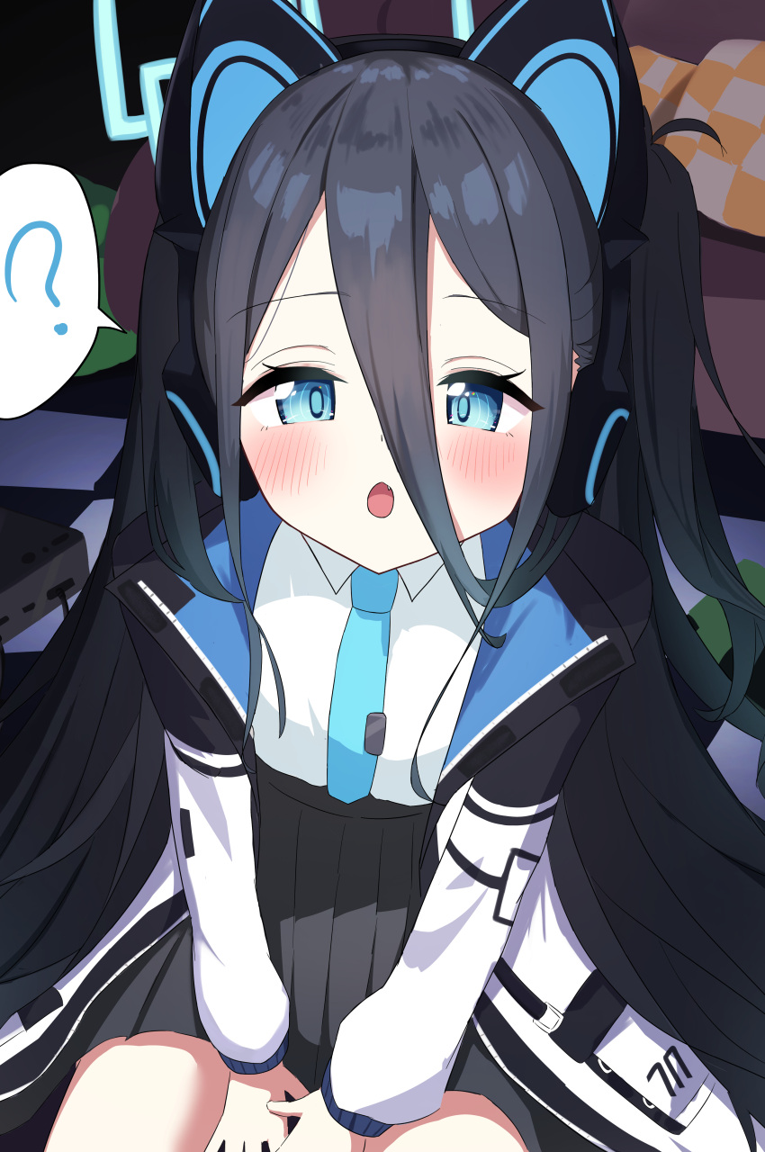 1girl, ?, absurdly_long_hair, absurdres, animal_ear_headphones, animal_ears, aris_(blue_archive), between_legs