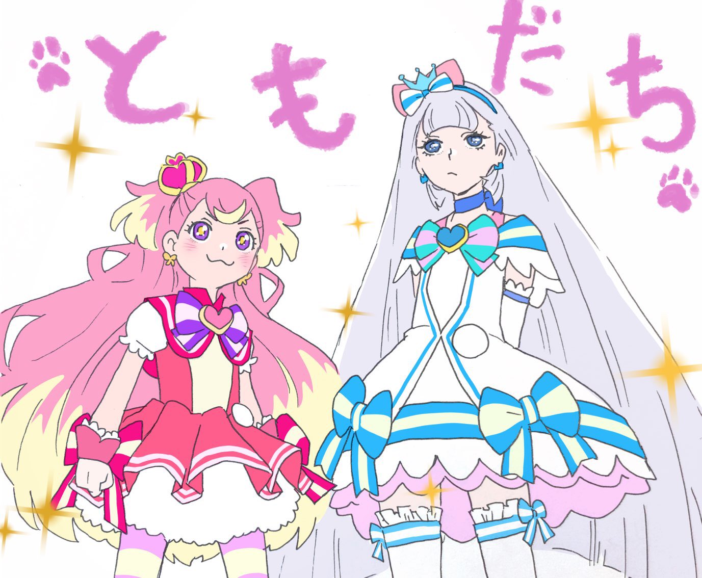 2girls, :3, arms_behind_back, blonde_hair, blue_choker, blue_eyes, bow, choker