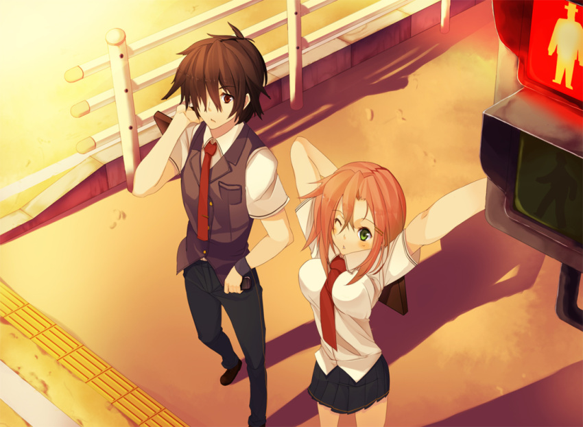 bouncing_breasts, breasts, brown_hair, from_above, green_eyes, hair_over_one_eye, large_breasts, minoinomi