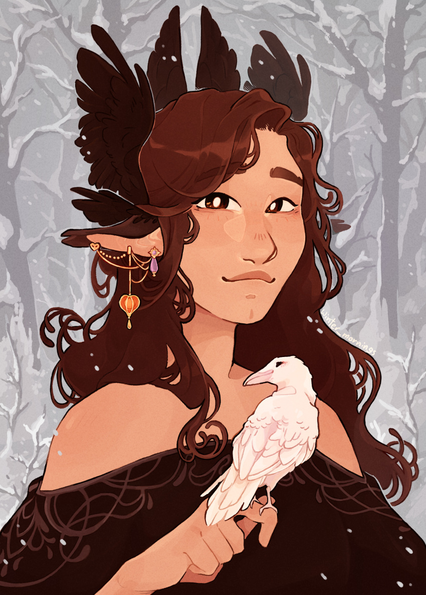 1girl, absurdres, animal, bare_shoulders, bare_tree, bird, bird_on_hand, black_dress, black_feathers, black_wings, bright_pupils, brown_eyes, brown_hair, brown_trim, chin_dimple, chinese_lantern_(plant), closed_mouth, crow, dangle_earrings, dress, drop_earrings, earrings, feathers, forest, hardcore_heart, highres, holding, holding_animal, jewelry, long_hair, looking_at_viewer, minecraft_youtube, misstrixtin, multiple_earrings, nature, off-shoulder_dress, off_shoulder, outdoors, pointy_ears, portrait, smile, snow, solo, tree, white_bird, white_feathers, white_pupils, wing_hair_ornament, wings, winter, winter_mornings