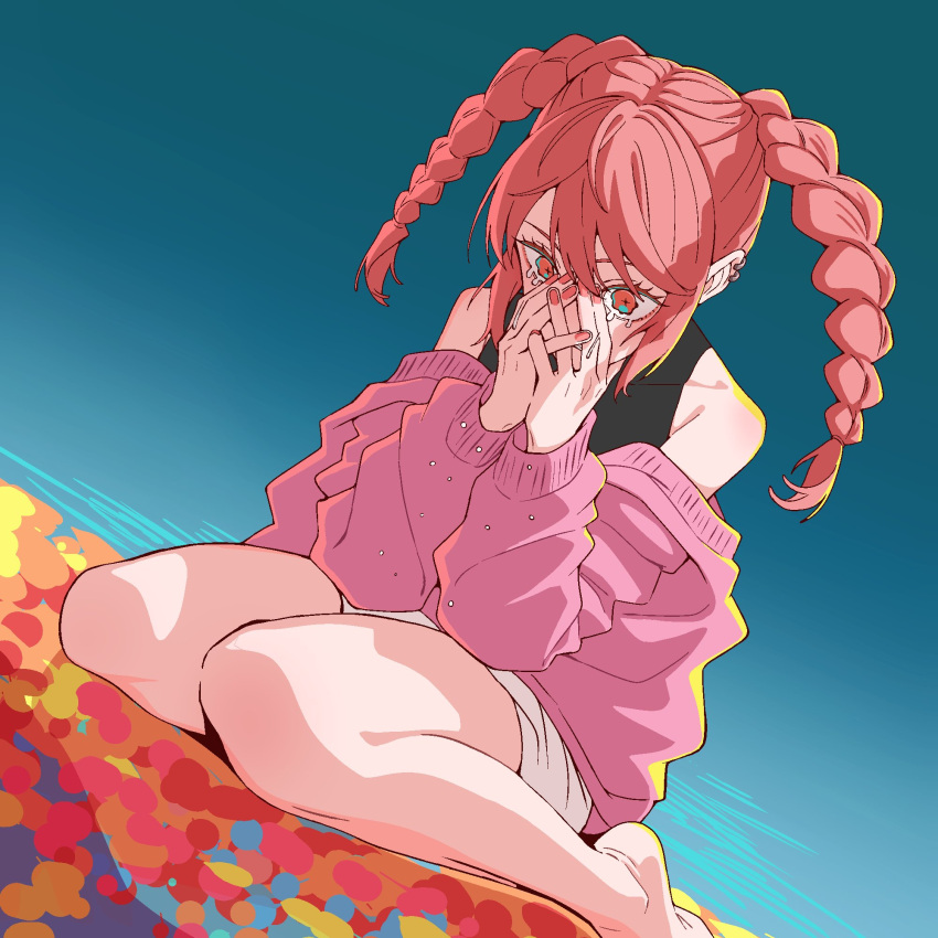 1girl, bare_shoulders, blue_period, braid, commentary, crying, highres, jacket, kakinokizaka_momoyo, pink_eyes, pink_hair, pink_jacket, sitting, solo, tanaka_masaaki, tears, twin_braids, twintails, wariza