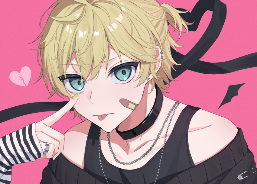 1boy, aqua_eyes, bandaid, bandaid_on_cheek, bandaid_on_face, bare_shoulders, black_arm_warmers, black_choker