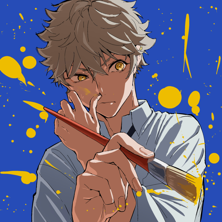 1boy, blue_period, closed_mouth, collared_shirt, commentary, highres, holding, holding_paintbrush