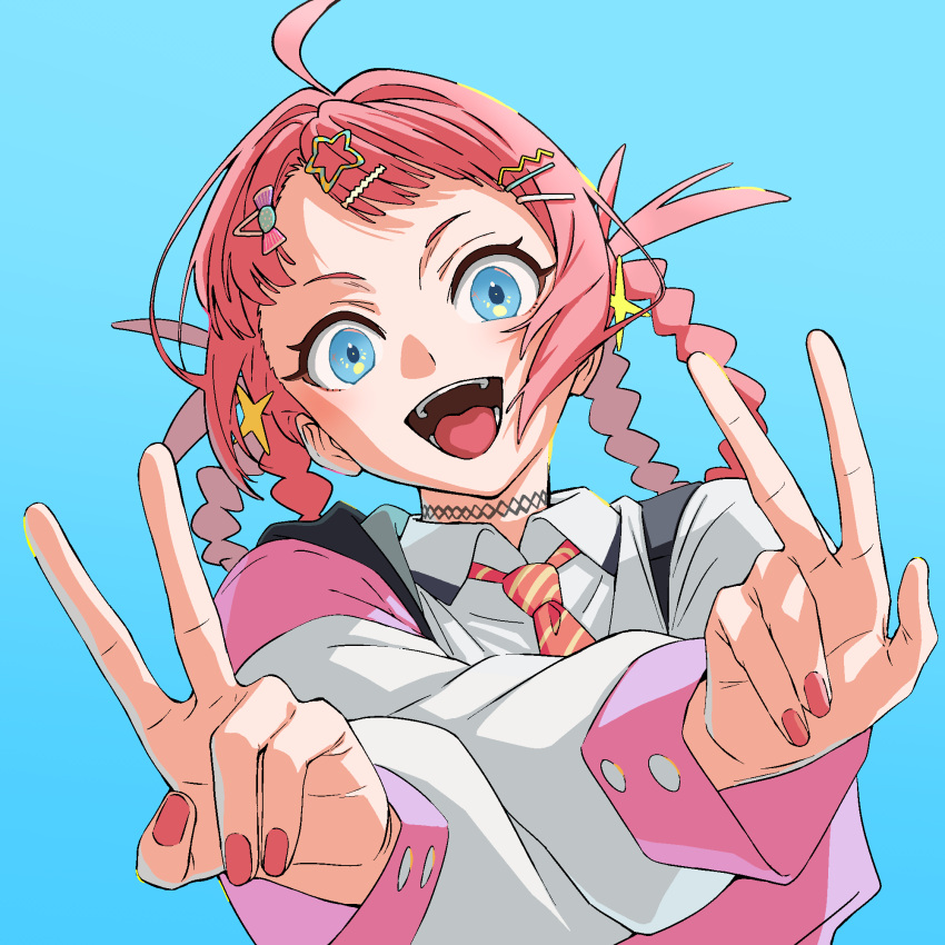 1girl, ahoge, blue_background, blue_eyes, collared_shirt, commentary, diagonal-striped_clothes, diagonal-striped_necktie, double_v, highres, long_sleeves, looking_at_viewer, nakagawa_moemi, necktie, pink_hair, pink_nails, shirt, simple_background, solo, striped_clothes, suufunkan_no_yell_wo, tanaka_masaaki, v