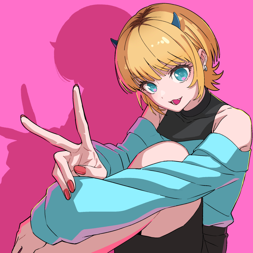 1girl, blonde_hair, blue_eyes, commentary, demon_horns, earrings, fake_horns, fang