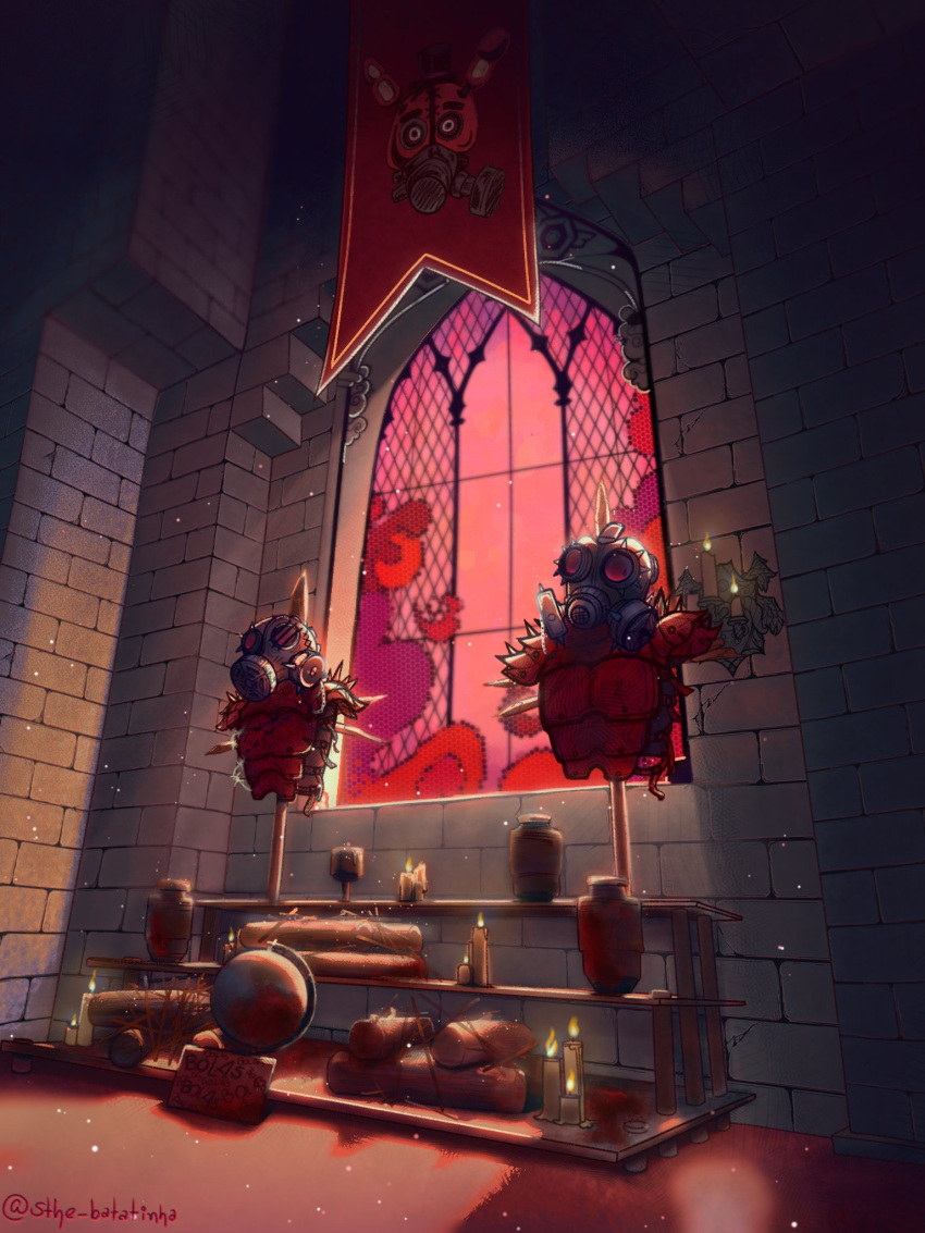 banner, bonnie_(fnaf), candle, commentary, english_commentary, five_nights_at_freddy's, gas_mask, globe