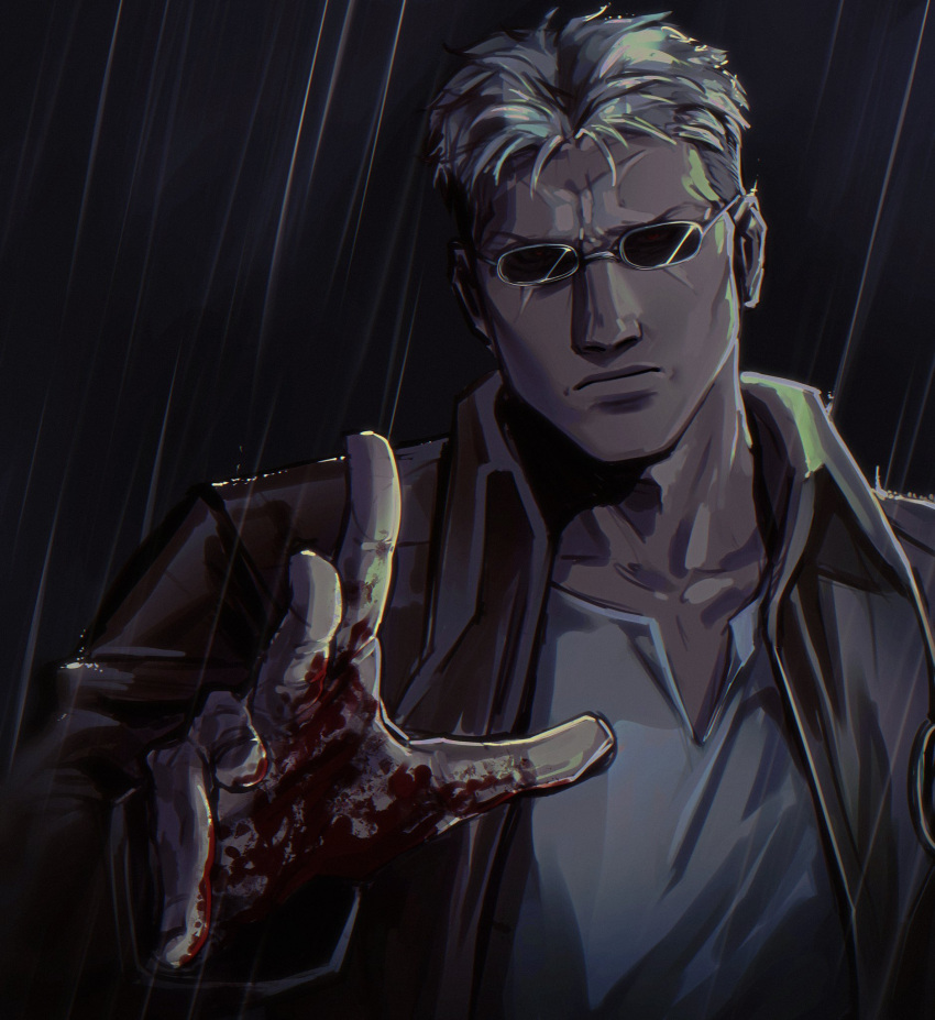 1boy, black_background, black_jacket, blood, blood_on_hands, closed_mouth, commentary, dark-skinned_male
