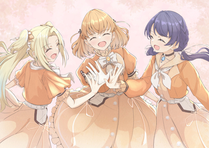 3girls, ^_^, absurdres, black_choker, blazer, blonde_hair, bloom_the_smile_bloom_the_dream!, blue_hair