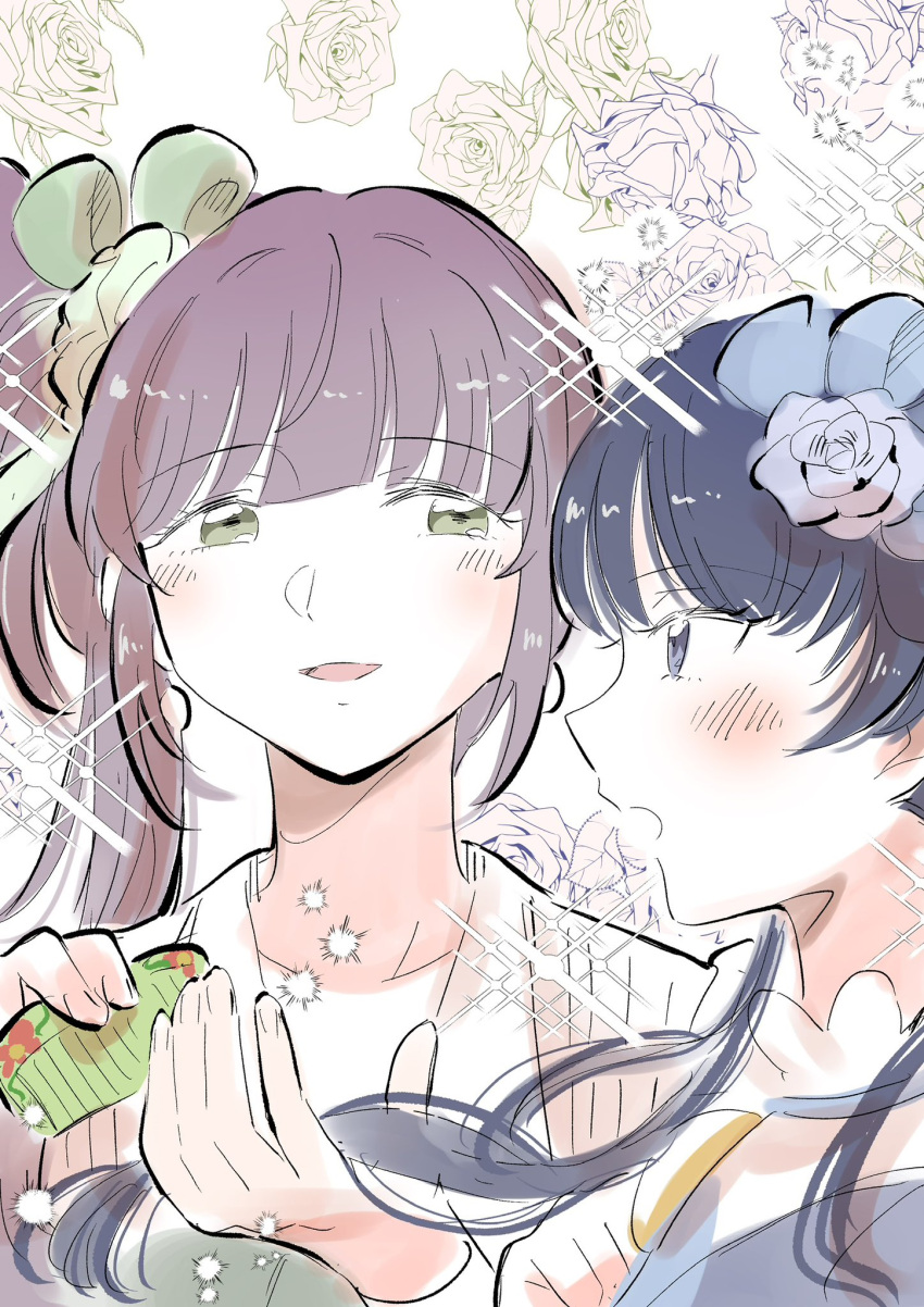 2girls, blue_dress, blue_eyes, blue_flower, blue_hair, blue_ribbon, blush, collarbone